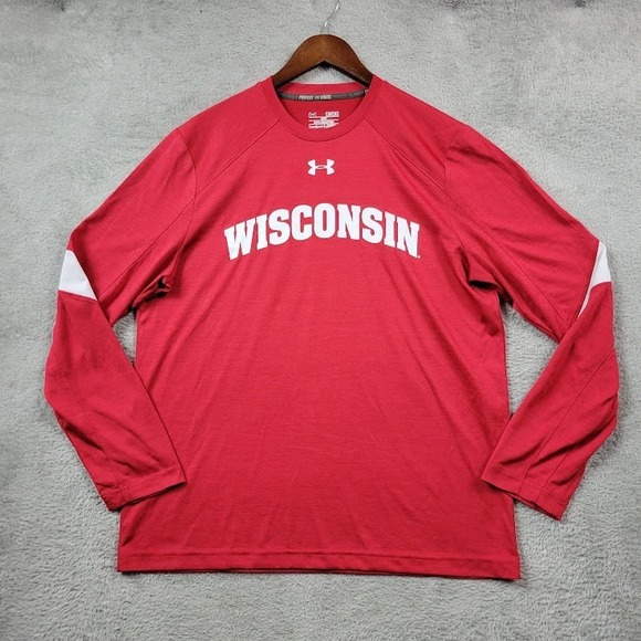 Under Armour Wisconsin Shirt Mens Medium Red Long Sleeve Tee T University‎ - Picture 1 of 8